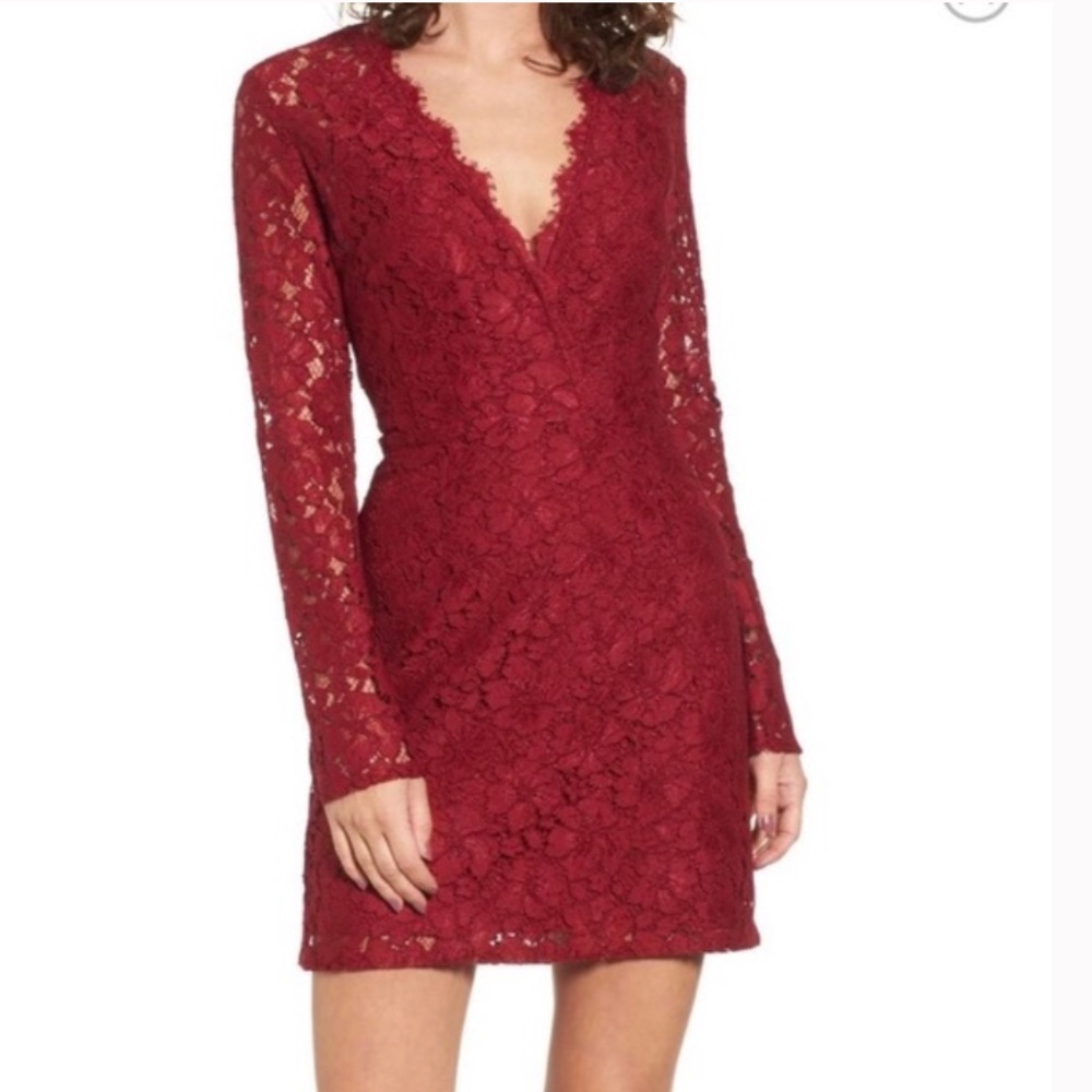 NWT WAYF Say It Out Loud Size M A Line Dress Garnet Red Lace Long Sleeve V Neck